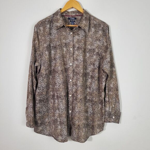 Chaps Women's Top 2X Brown Cheetah Print Button Up Classic Business No Iron - Picture 1 of 10